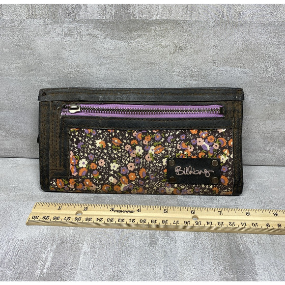 Billabong Wallet Womens One Size Brown Floral Zip Around Clutch Purple Lining - Picture 14 of 16